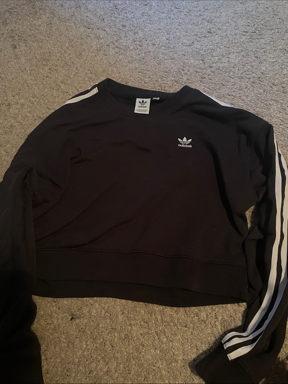 adidas Black Cropped Crew Sweatshirt with White Stripe Sleeves